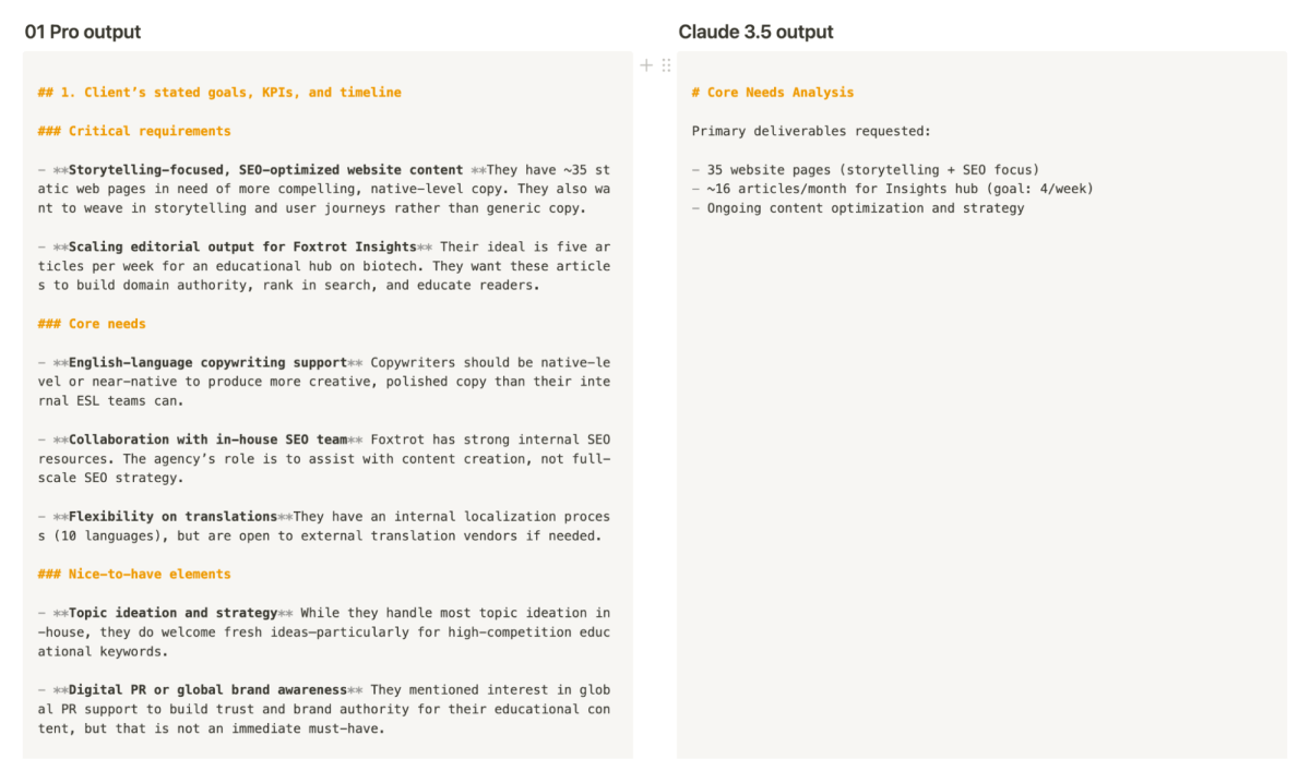 A comparison of how o1 pro (left) and Claude 3.5 Sonnet (right) analyzed the same sales call transcript for customer requirements.